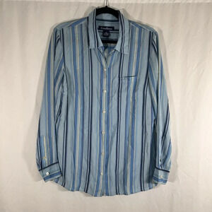 Evan Picone Silk Shirt Women's 10 Blue Striped Button Up Long Sleeve Pocket